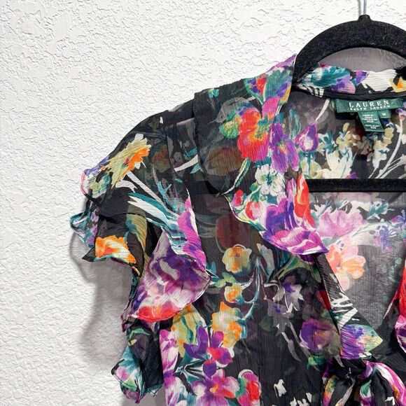 Lauren Ralph Lauren 100% Silk Women Medium Blouse Ruffle Floral Sheer Fairycore - Picture 5 of 8